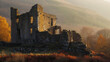 The ruins of a oncegreat castle now a mere shadow of its former self cast in golden light.