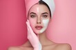Skincare Model cosmetics model. Well groomed woman uses reflexology, fruity perfume lip balm, lotion & eye patch. Face cream vibrant jar sauna pot
