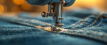 Close Shot Of Sewing Machine Stitching A Jeans Pant With Empty Space, Generative AI.