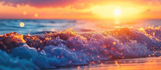 Sticker - The orange-hued sun sets, casting a golden afterglow over the ocean, as the crashing waves meet the sandy beach against a backdrop of cloudy skies.