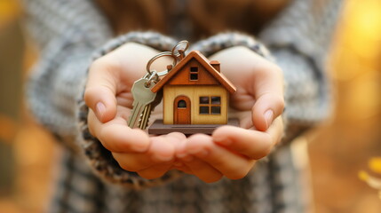 Two hands extend in a gesture of real estate transaction, holding a house key and a small wooden house model, symbolizing property ownership and the dream of home.