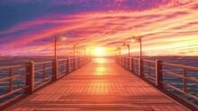 Animated Illustration Of Sunset On The Beach Pier In The Afternoon. Cartoon Or Digital Painting Style Illustration. 4k Loop Animation Background.
