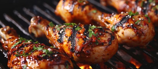 Wall Mural - Chicken legs are being cooked on a grill for a delicious barbecue chicken recipe.