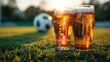 In the backdrop, there is a ball and two beer glasses standing on the pitch's grass, Generative AI.