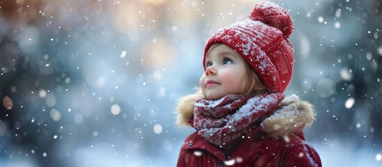 Sticker - A happy toddler dressed in outerwear, wearing a red cap and scarf, stands in freezing snow, enjoying the fun of playing in the water.