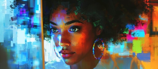 Wall Mural - a woman, with electric blue hoop earrings, curly hair, and a hat, is focused on the computer screen,