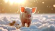 Small pig stands on top of snow, its trotters leaving prints in the cold white surface, Ai Generated.
