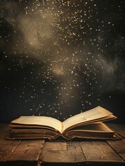 Wall Mural - image of open antique book on wooden table with glitter overlay, realistic, HD, copy space - generative ai