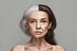 Aging stroke. Comparison young to old woman decreased independence. Less Wrinkles, quality comparison, side by side comparison, lines through skincare, anti aging cream, crows feet and face lift