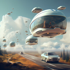 Poster - A futuristic transportation concept with levitating cars