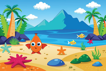 Wall Mural - Cartoon underwater landscape with fish ,sea animal, corals and reefs. Underwater aquatic life landscape, ocean scenery