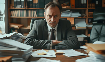 Desperate or sad middle aged businessman sitting pensively behind his desk in the office ,  Generative AI 