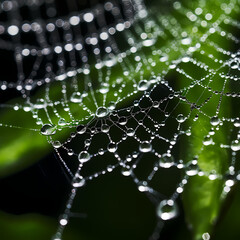 Wall Mural - Macro shot of a dew-covered spider web. 