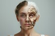 Aging facial treatment. Comparison young to old generation scrubbing dead skin. Less Wrinkles, wrinkles, senescent cells, lines through skin care, anti aging cream, rosehip oil and Facial contouring