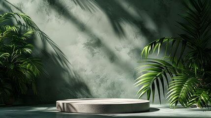 Wall Mural - White product display podium with natural green leaves and shadows on grey background under summer sunlight, for advertising cosmetics and natural product presentations.