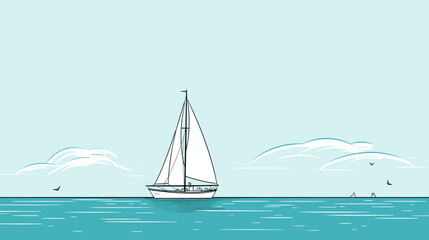 Wall Mural - Illustration of a sailing boat navigating through turquoise waters  capturing the sense of freedom and exploration associated with sea adventures. simple minimalist illustration creative