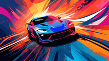 Sports Car Racing Scene With Dynamic Lines And Bold Colors  Capturing The Exhilaration And Speed Associated With High-performance Automobiles. Simple Minimalist Illustration Creative