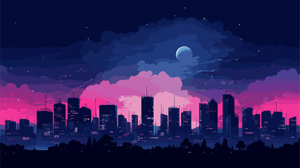 Wall Mural - Digital graphic featuring a city at night with illuminated skyscrapers and city lights  showcasing the dynamic and cosmopolitan nature of a modern urban setting. simple minimalist illustration