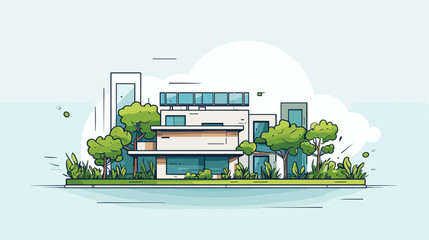 Wall Mural - Digital graphic featuring an eco-friendly building with rooftop gardens and solar panels  showcasing the innovative and environmentally conscious aspects of green architecture. simple minimalist