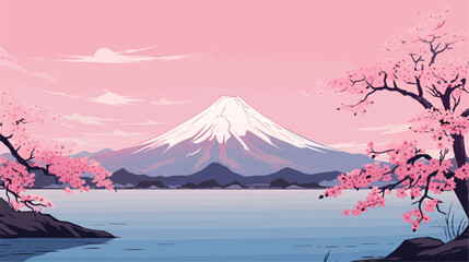 Canvas Print - Iconic Mount Fuji in the distance with a foreground of blooming sakura trees  capturing the picturesque landscapes synonymous with Japan. simple minimalist illustration creative