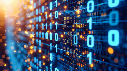 Cyber Data and Digital Coding, Futuristic Technology Concept, Binary Stream on Blue Background, Network Security Design