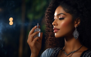 Portrait of an attractive black woman in grey dress with a beautiful bottle of perfume in her hand