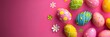 Brightly colored Easter eggs with decorations on a pink background, copyspace Easter theme banner - Generative ai