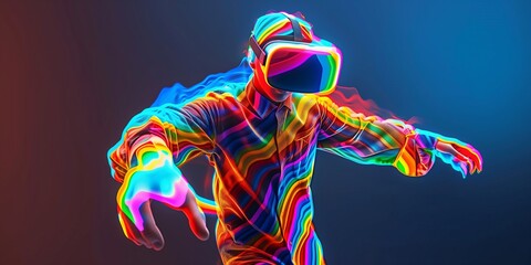 Wall Mural - Futuristic VR virtual reality concept game entertainment digital technology VR virtual reality glasses sport game 3D cyber space futuristic neon colorful virtual metaverse background. Generative AI