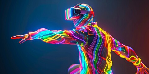 Wall Mural - Futuristic VR virtual reality concept game entertainment digital technology VR virtual reality glasses sport game 3D cyber space futuristic neon colorful virtual metaverse background. Generative AI