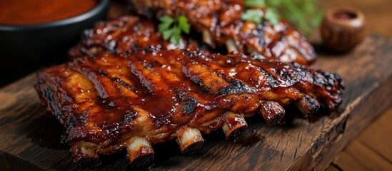 Poster - A delectable close-up photo featuring grilled pork ribs on a rustic wooden cutting board.