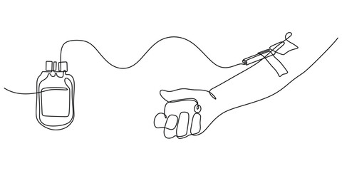 Blood donation in continuous line drawing. One single outline transfusion bag with hand.