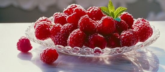 Poster - A glass bowl filled with delicious raspberries, a seedless fruit, enhances the table with vibrant colors and natural goodness.