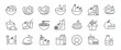 Food minimal thin line icons. Related fresh fruit, vegetable, coffe, salad, meat. Editable stroke. Vector illustration.