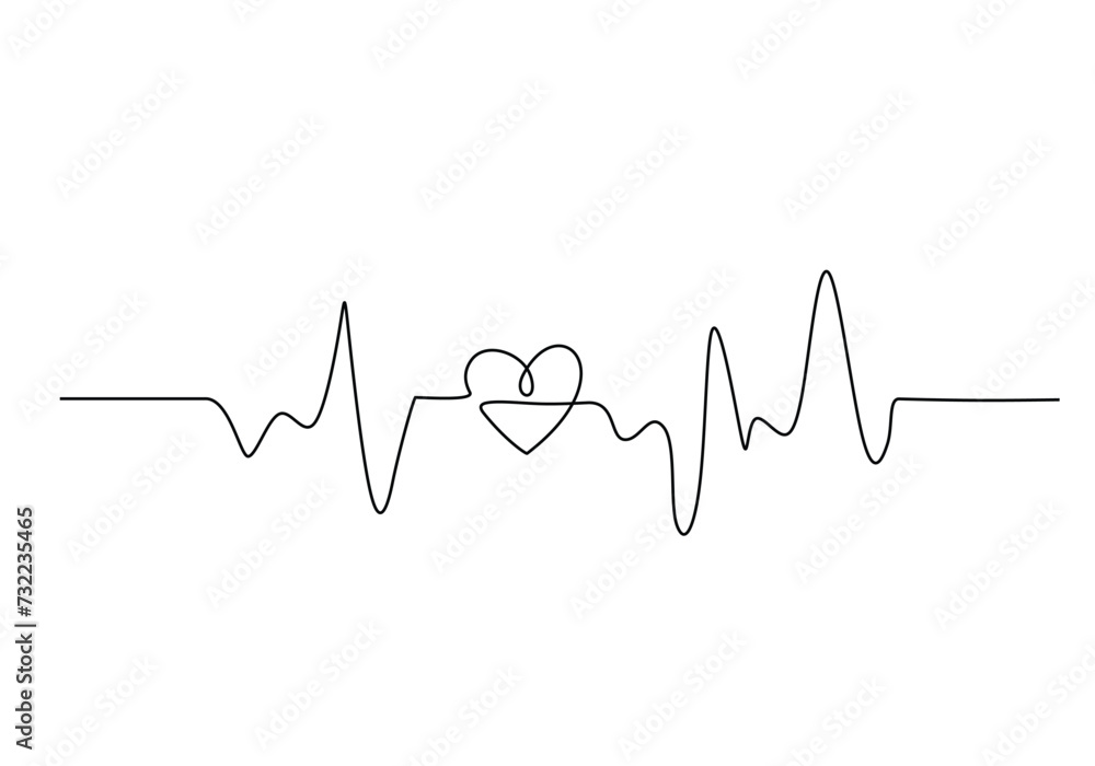 heart pulse Continuous one line drawing. Heartbeat cardiogram ...