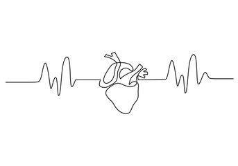 Wall Mural - One line heart beat with wave. Anatomy symbol of cardiogram healthcare.