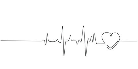 Wall Mural - heart pulse Continuous one line drawing. Heartbeat cardiogram healthcare concept. Vector illustration single sketch outline.