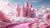 Fabulous pink castle with candy track, flowers and cotton clouds