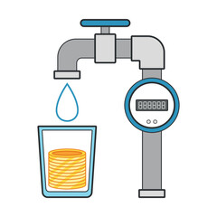 Economical cold water meter. Glass with coins. Colored flat clip art.