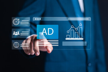 Wall Mural - digital marketing commerce online sale concept, businessman touch virtual advertising on website. pl