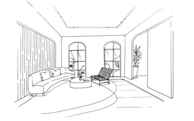 Wall Mural - Interior design sketch of a modern home living room. , Graphic assembly in architecture and interior design work. ,Sketch ideas for interior or exterior designs.