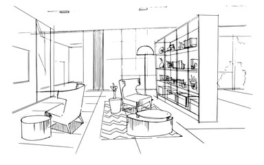 Poster - Interior design sketch of a modern home living room. , Graphic assembly in architecture and interior design work. ,Sketch ideas for interior or exterior designs.