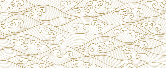 Japanese background with line art pattern vector. Abstract landscape. Hand drawn wave with ocean sea elements banner in vintage style.	