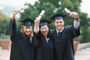 Wall Mural - College, celebration and portrait of group at graduation with diploma, certificate and happiness. University, success and people with pride for achievement of degree in education on scholarship