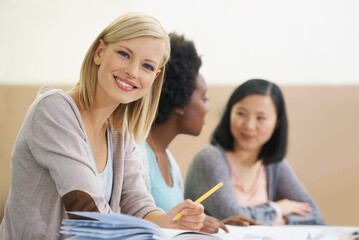 Canvas Print - Student, university and woman in classroom portrait, information and notes for studying. People, books and knowledge in education for learning, problem solving and ideas for solution in assessment