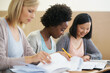 © Nicola K/peopleimages.com - Students, friends and paperwork in university lecture for learning together for project planning, knowledge or class. Female people, diversity and textbook at lesson for research, campus exam or USA
