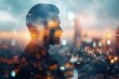 Double exposure effect of a cityscape and businessman with light effects