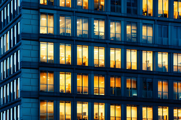 Wall Mural - window of the multi-storey building of glass and steel lighting and people within timelapse