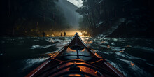 A Man Sitting In A Canoe In The River,Nightlife Adventure,