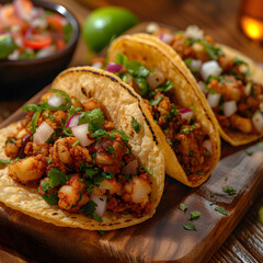 Wall Mural - mexican street tacos with fried tripe, serving wooden board