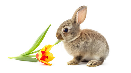 Wall Mural - Rabbit Easter animal with a flower isolated on a white background